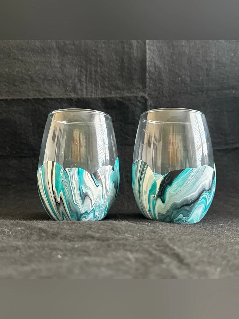 Water Marbled Stemless Wine Glasses Set Of 4 Handmade Unique Turquoise White
